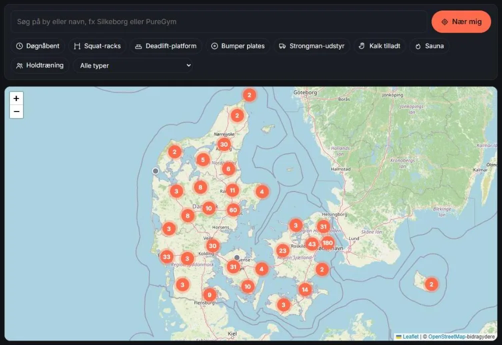 Fitnesskort: Danmarkskort med fitnesscentre, søgefelt og filtre for udstyr