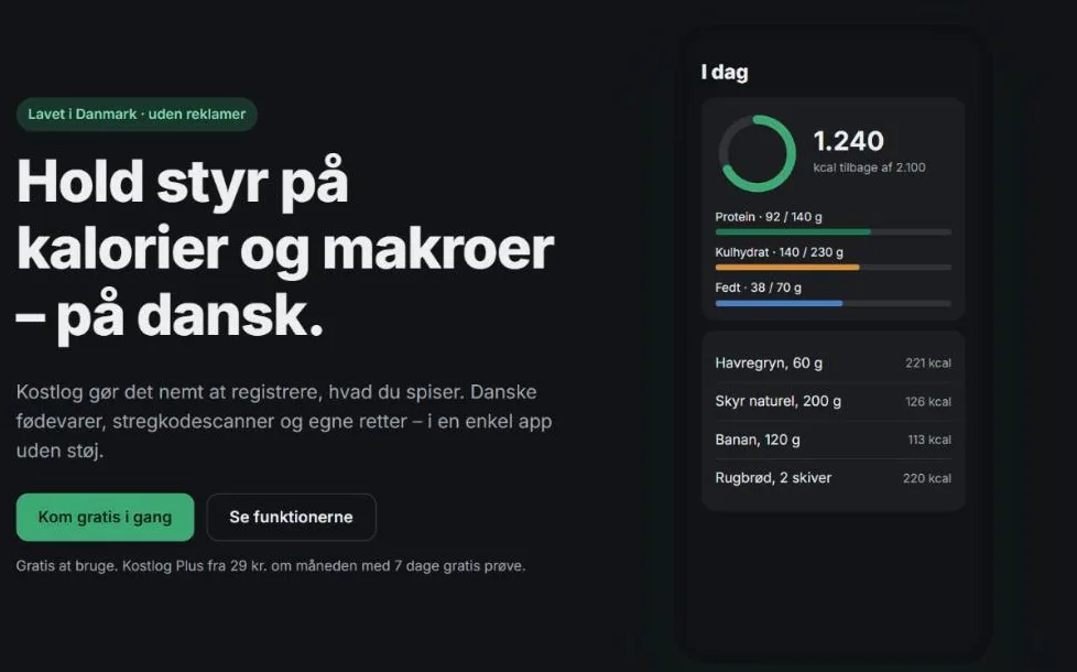 Kostlogs forside med dagens kalorier, makroer og registrerede måltider