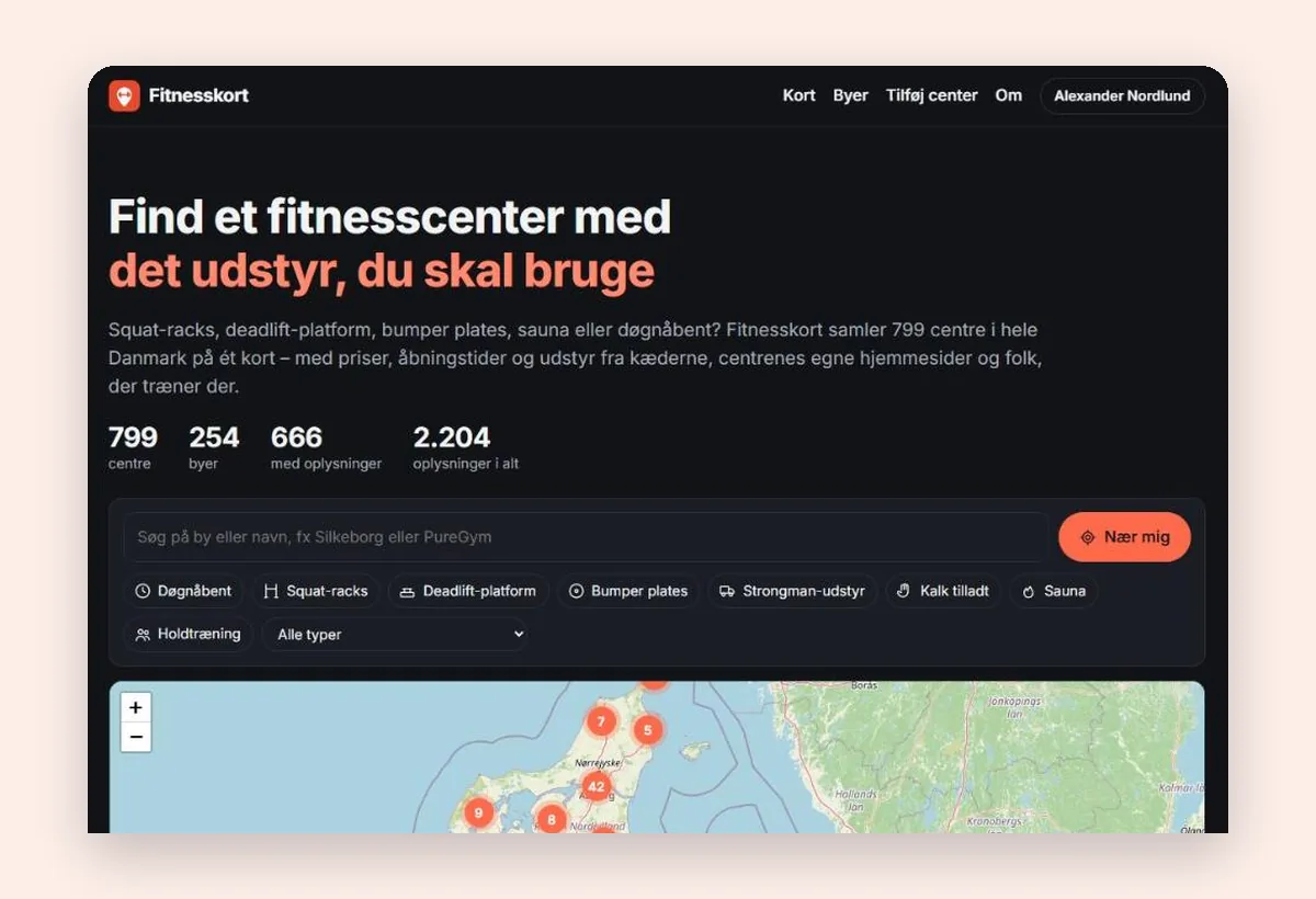 Fitnesskort: Danmarkskort med fitnesscentre, søgefelt og filtre for udstyr
