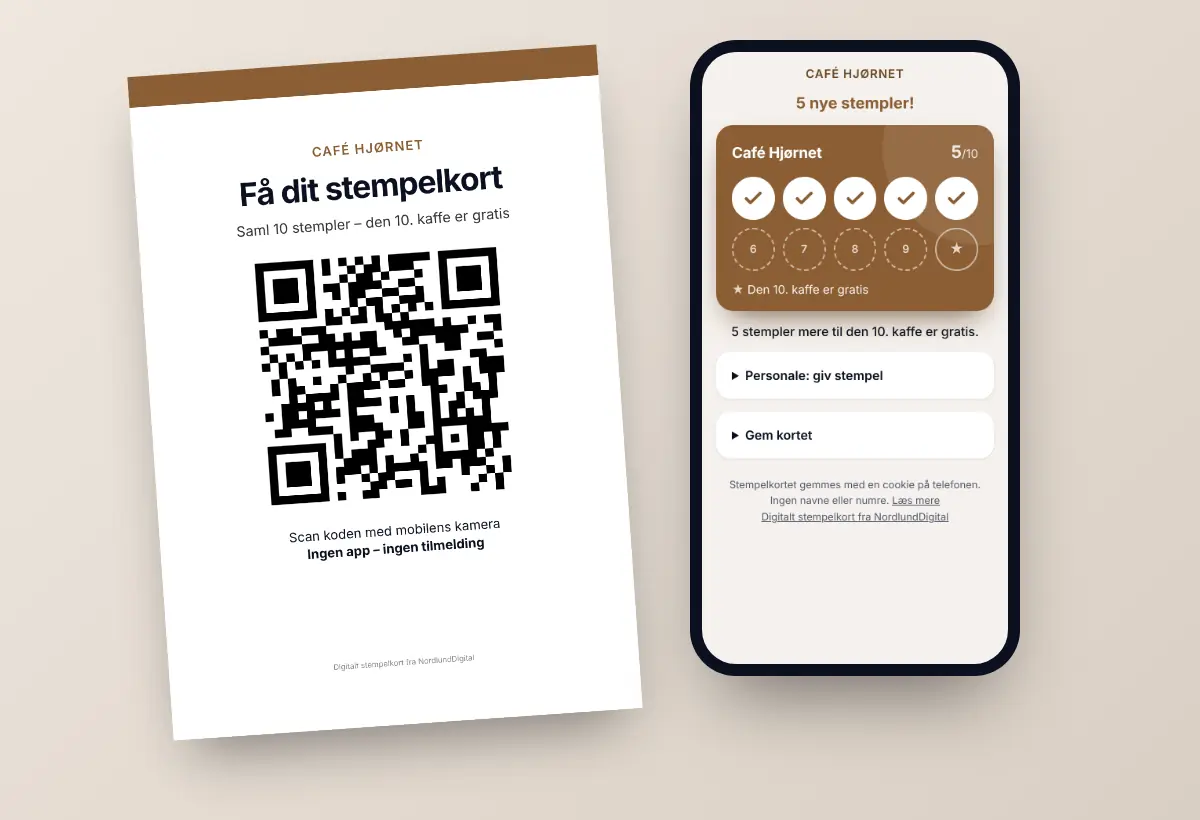 Plakat med QR-kode og stempelkortet på kundens mobil