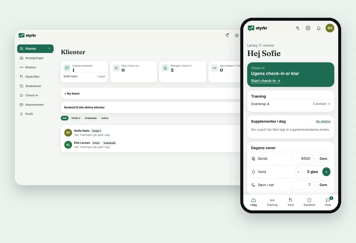 Coachens oversigt over klienter og klientens app på mobilen